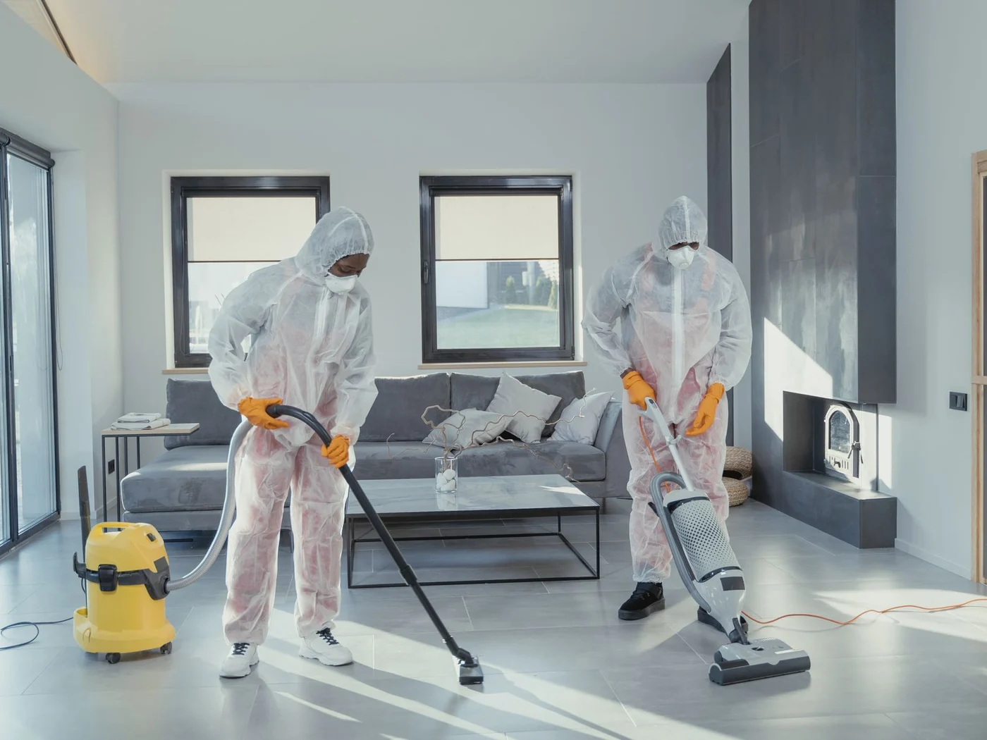 Cleaning team in protective wear vacuuming and detailing a modern interior